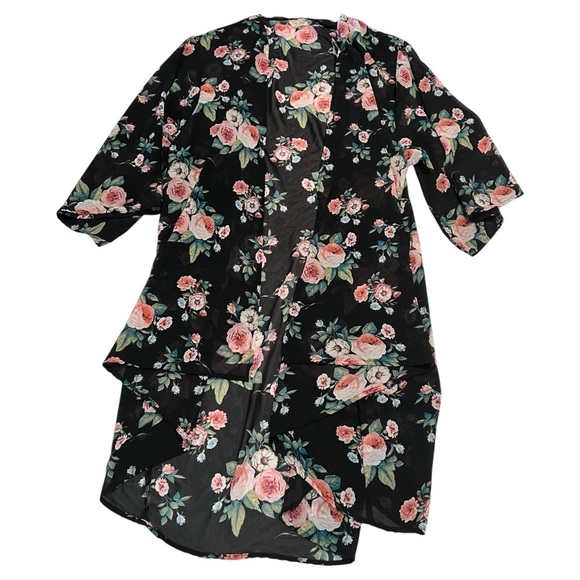 Siren Lily Tops - Siren Lily Women’s Floral Kimono 3X Sheer Black Rose Print Open Front